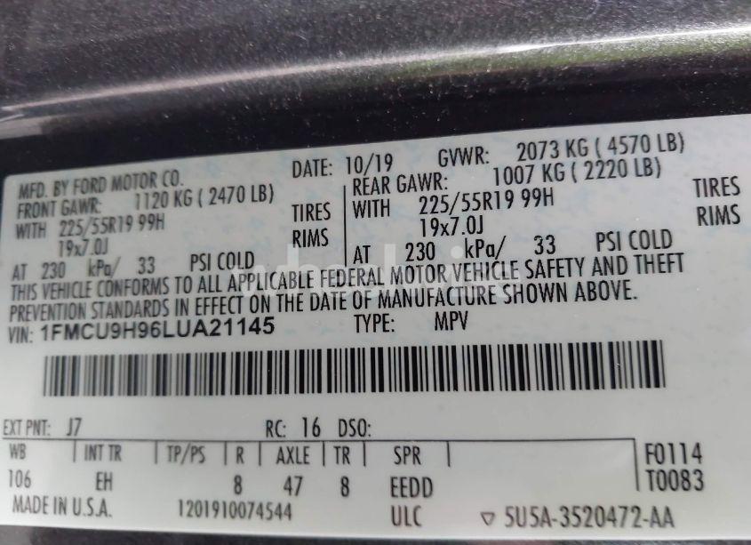 Photo 9 of 2020 Ford Escape SEL (VIN 1FMCU9H96LUA21145)