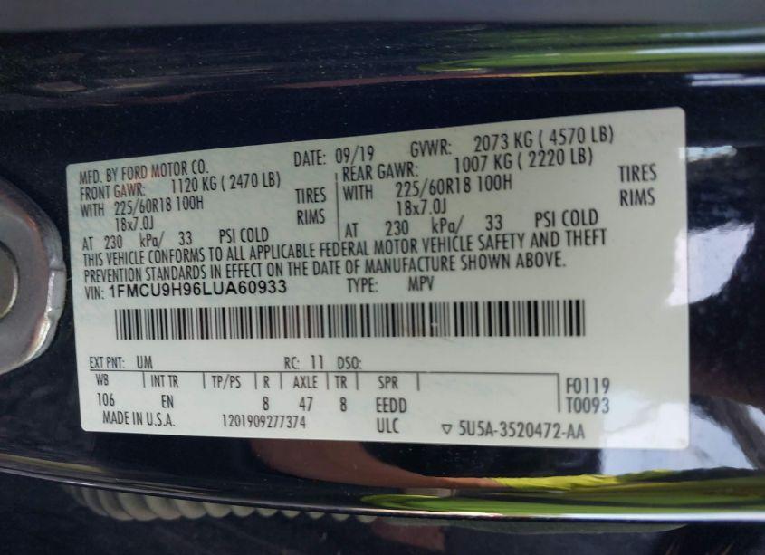 Photo 9 of 2020 Ford Escape SEL (VIN 1FMCU9H96LUA60933)