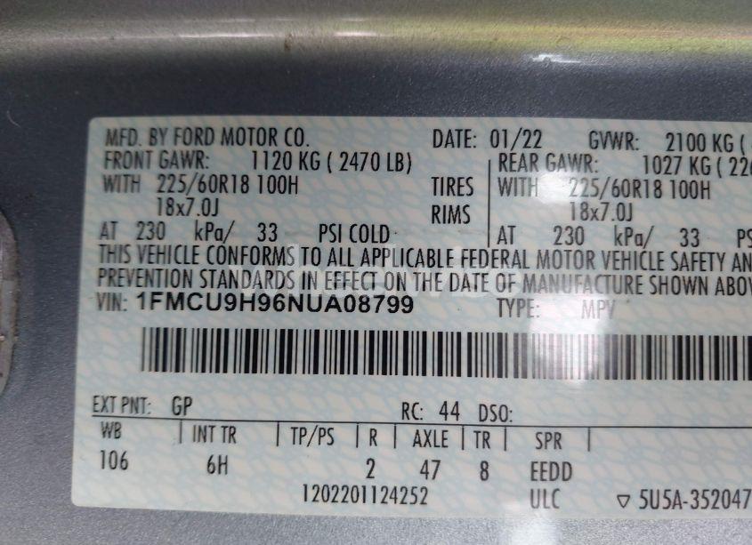 Photo 9 of 2022 Ford Escape SEL (VIN 1FMCU9H96NUA08799)