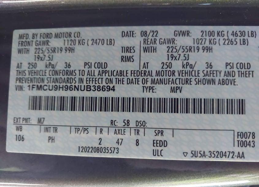 Photo 9 of 2022 Ford Escape SEL (VIN 1FMCU9H96NUB38694)