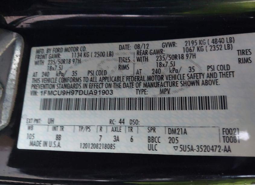 Photo 9 of 2013 Ford Escape SEL (VIN 1FMCU9H97DUA91903)