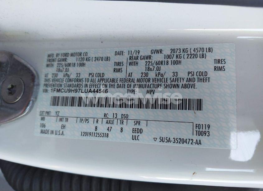 Photo 9 of 2020 Ford Escape SEL (VIN 1FMCU9H97LUA44546)