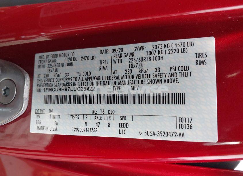 Photo 9 of 2020 Ford Escape SEL (VIN 1FMCU9H97LUC25422)