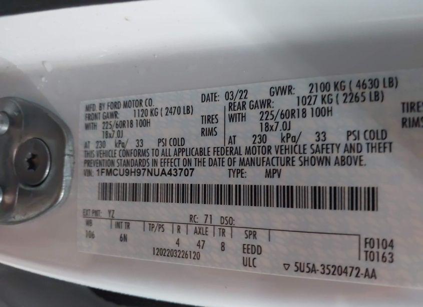 Photo 9 of 2022 Ford Escape SEL (VIN 1FMCU9H97NUA43707)