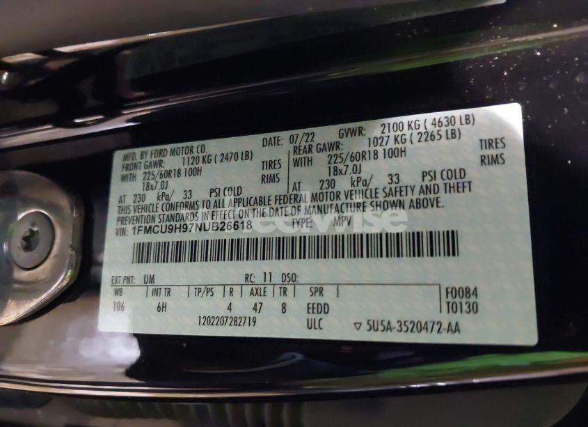 Photo 9 of 2022 Ford Escape SEL (VIN 1FMCU9H97NUB26618)