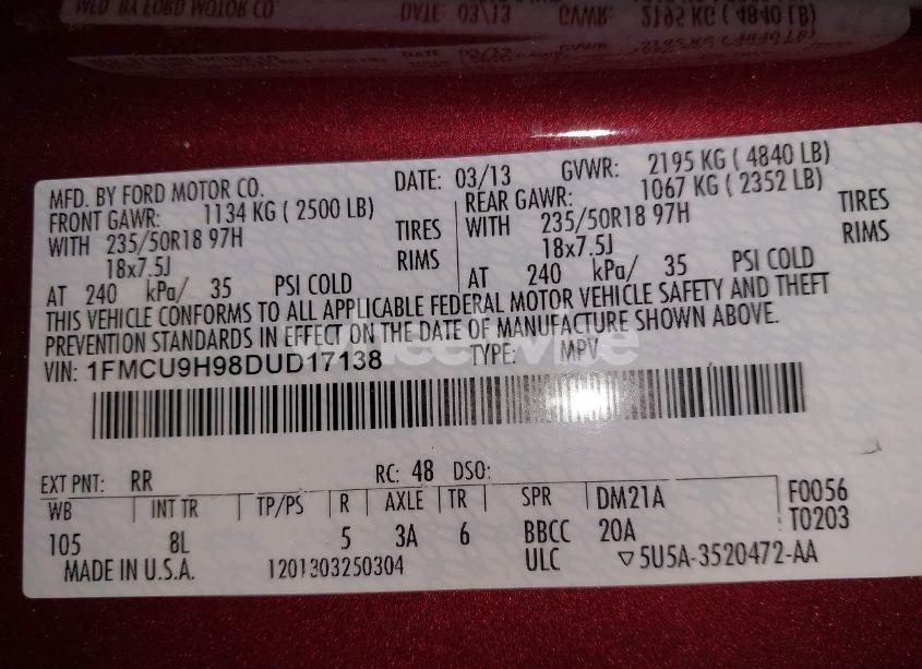 Photo 9 of 2013 Ford Escape SEL (VIN 1FMCU9H98DUD17138)