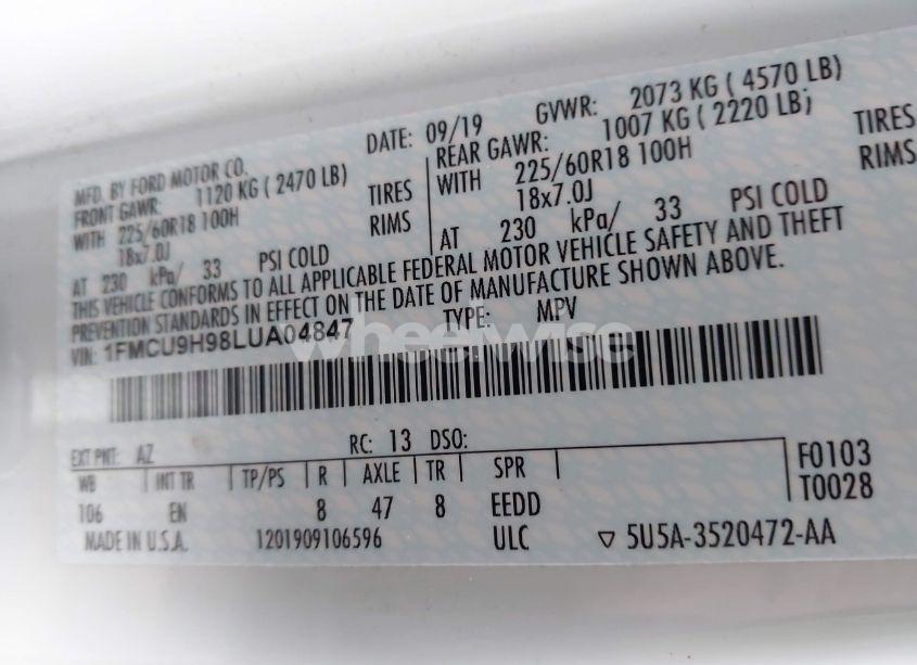 Photo 9 of 2020 Ford Escape SEL (VIN 1FMCU9H98LUA04847)