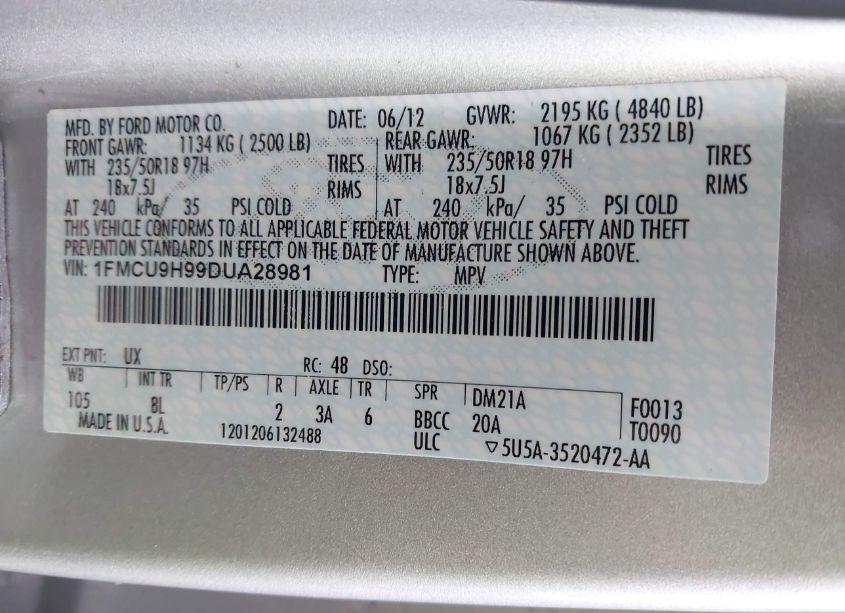 Photo 9 of 2013 Ford Escape SEL (VIN 1FMCU9H99DUA28981)