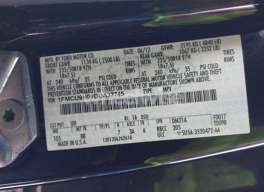 Photo 9 of 2013 Ford Escape SEL (VIN 1FMCU9H99DUA37745)