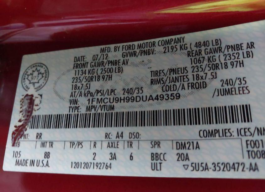 Photo 9 of 2013 Ford Escape SEL (VIN 1FMCU9H99DUA49359)