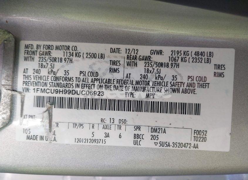 Photo 9 of 2013 Ford Escape SEL (VIN 1FMCU9H99DUC06923)