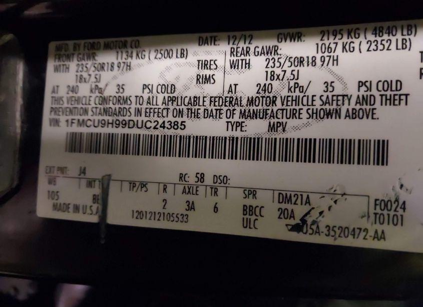 Photo 9 of 2013 Ford Escape SEL (VIN 1FMCU9H99DUC24385)