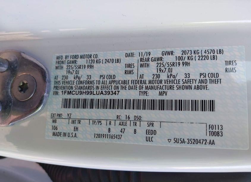 Photo 9 of 2020 Ford Escape SEL (VIN 1FMCU9H99LUA39347)