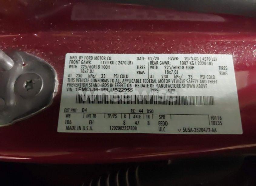 Photo 9 of 2020 Ford Escape SEL (VIN 1FMCU9H99LUB22955)