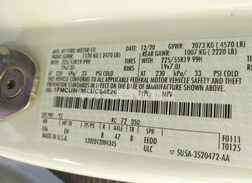 Photo 9 of 2020 Ford Escape SEL (VIN 1FMCU9H99LUC64626)