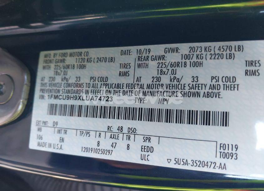 Photo 9 of 2020 Ford Escape SEL (VIN 1FMCU9H9XLUA74723)