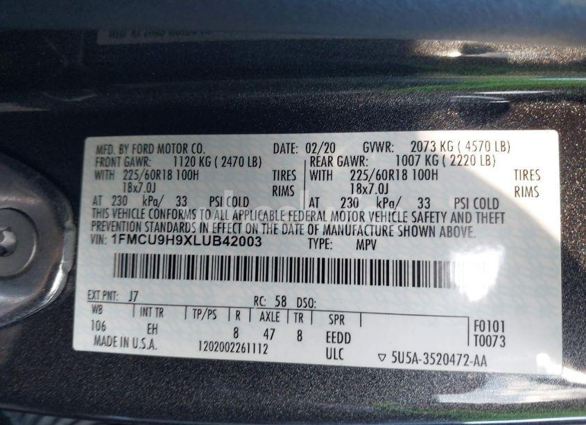 Photo 9 of 2020 Ford Escape SEL (VIN 1FMCU9H9XLUB42003)