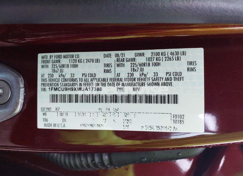 Photo 9 of 2021 Ford Escape SEL (VIN 1FMCU9H9XMUA17388)