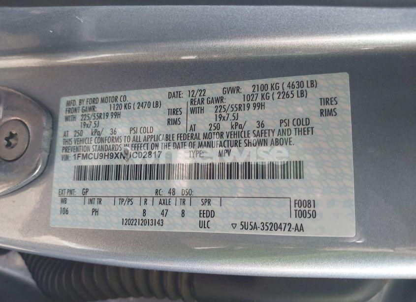 Photo 9 of 2022 Ford Escape SEL (VIN 1FMCU9H9XNUC02817)