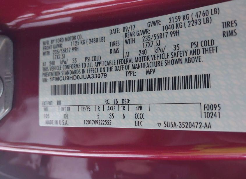 Photo 9 of 2018 Ford Escape SEL (VIN 1FMCU9HD0JUA33079)