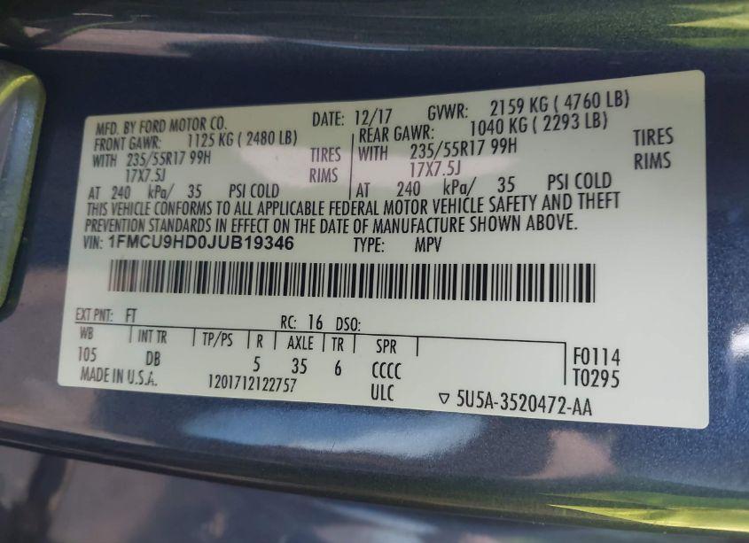 Photo 9 of 2018 Ford Escape SEL (VIN 1FMCU9HD0JUB19346)