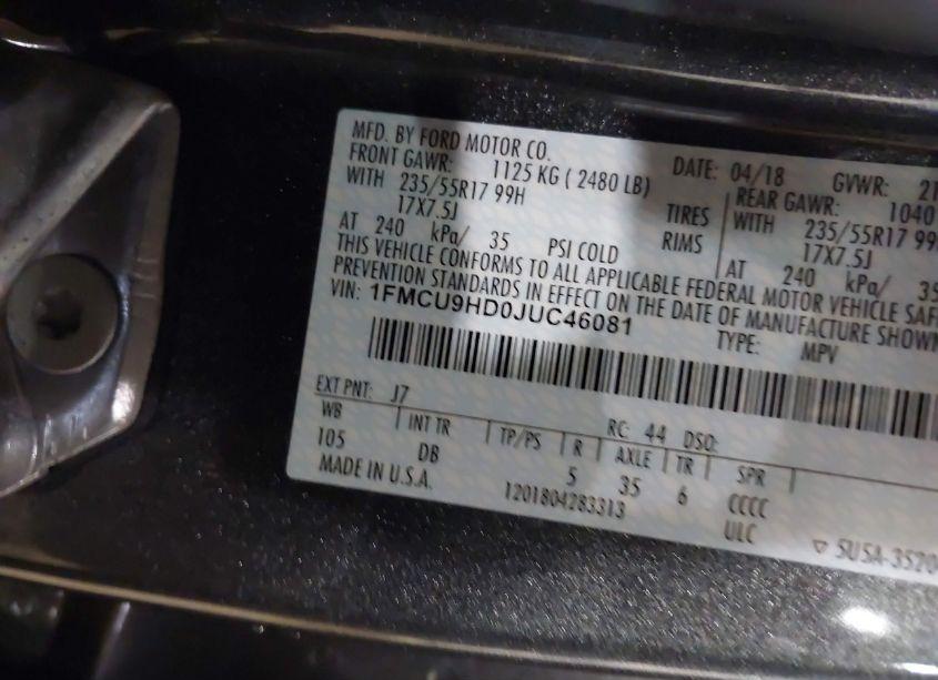 Photo 9 of 2018 Ford Escape SEL (VIN 1FMCU9HD0JUC46081)