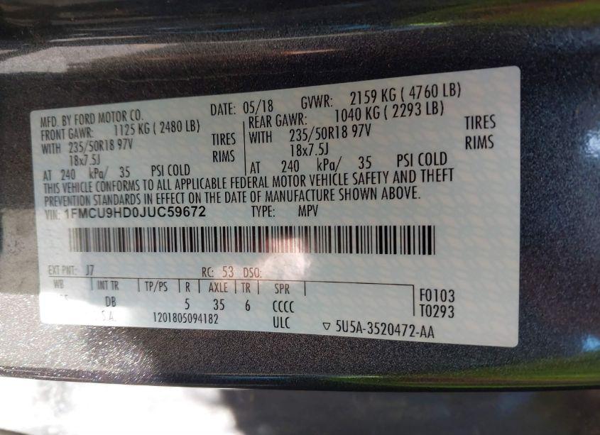 Photo 9 of 2018 Ford Escape SEL (VIN 1FMCU9HD0JUC59672)