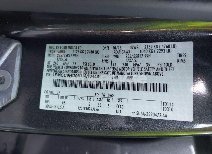 Photo 9 of 2019 Ford Escape SEL (VIN 1FMCU9HD0KUA10449)