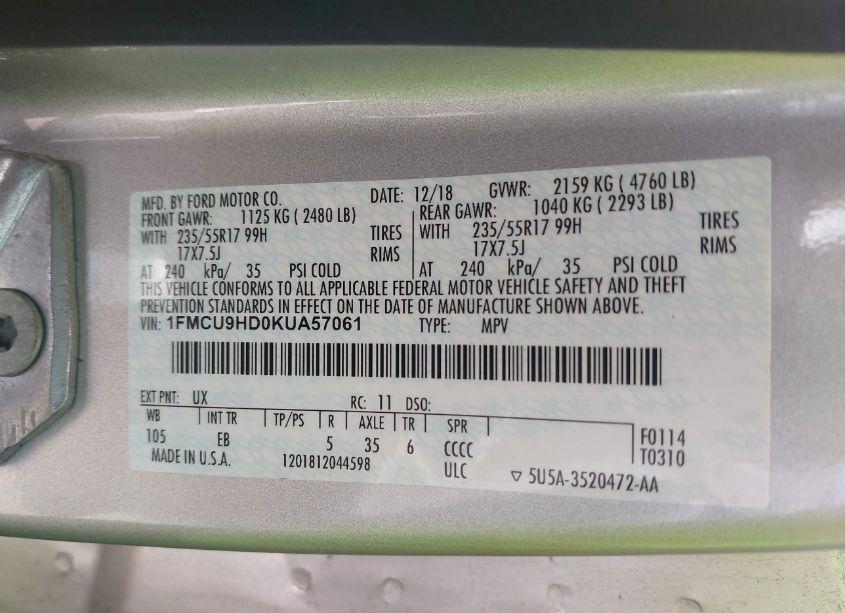 Photo 9 of 2019 Ford Escape SEL (VIN 1FMCU9HD0KUA57061)