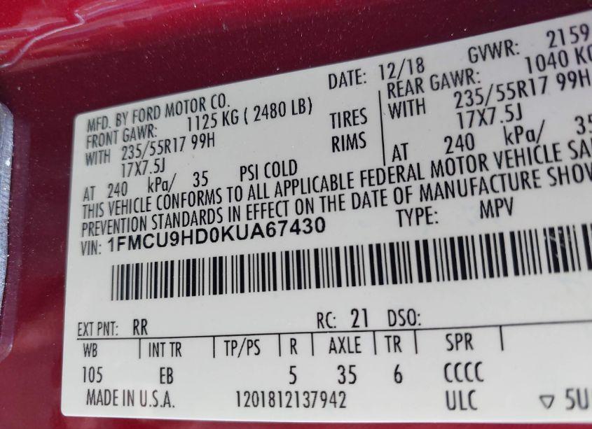 Photo 9 of 2019 Ford Escape SEL (VIN 1FMCU9HD0KUA67430)