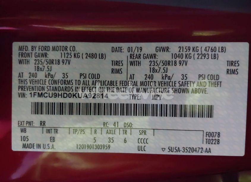 Photo 9 of 2019 Ford Escape SEL (VIN 1FMCU9HD0KUA92814)