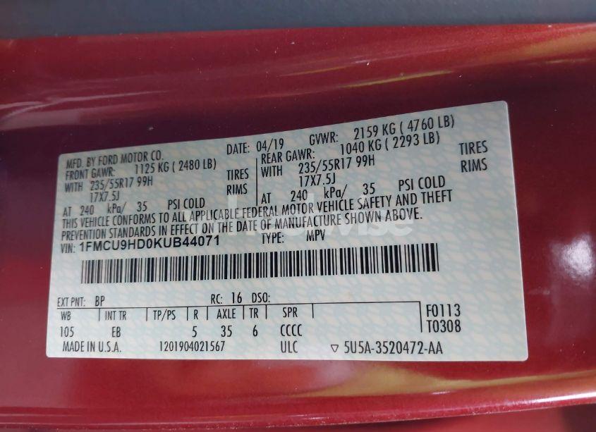 Photo 9 of 2019 Ford Escape SEL (VIN 1FMCU9HD0KUB44071)