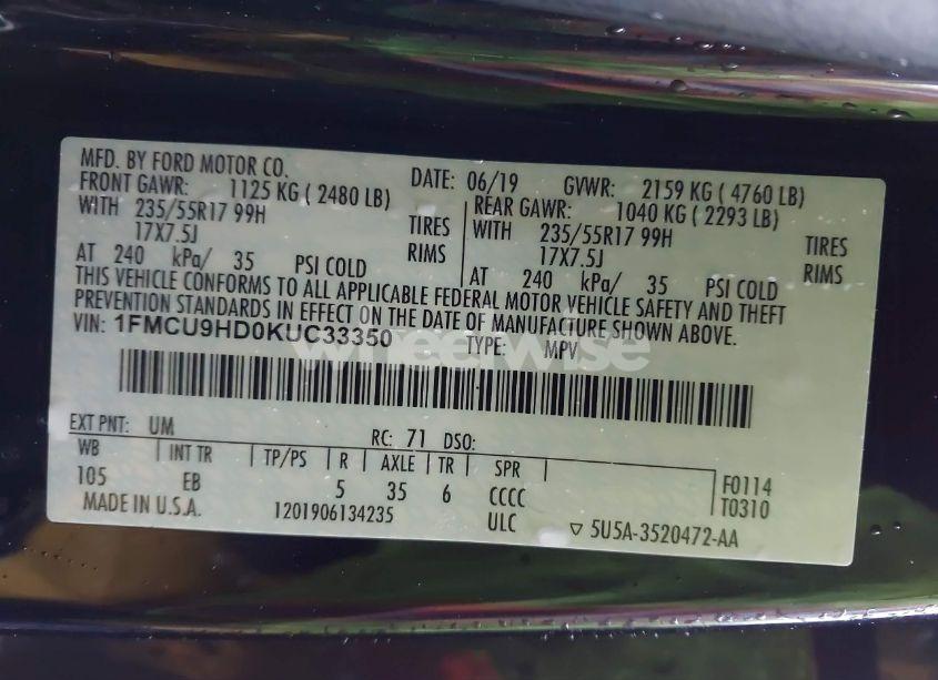 Photo 9 of 2019 Ford Escape SEL (VIN 1FMCU9HD0KUC33350)