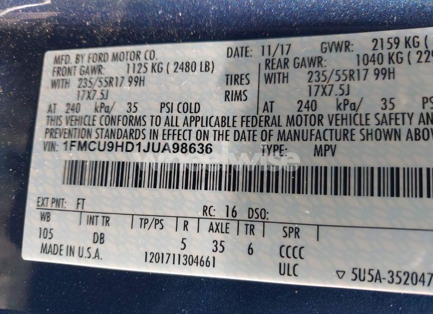 Photo 9 of 2018 Ford Escape SEL (VIN 1FMCU9HD1JUA98636)