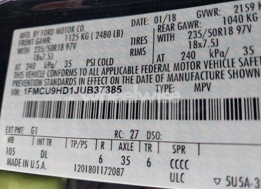 Photo 9 of 2018 Ford Escape SEL (VIN 1FMCU9HD1JUB37385)