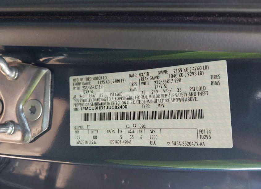 Photo 9 of 2018 Ford Escape SEL (VIN 1FMCU9HD1JUC02400)