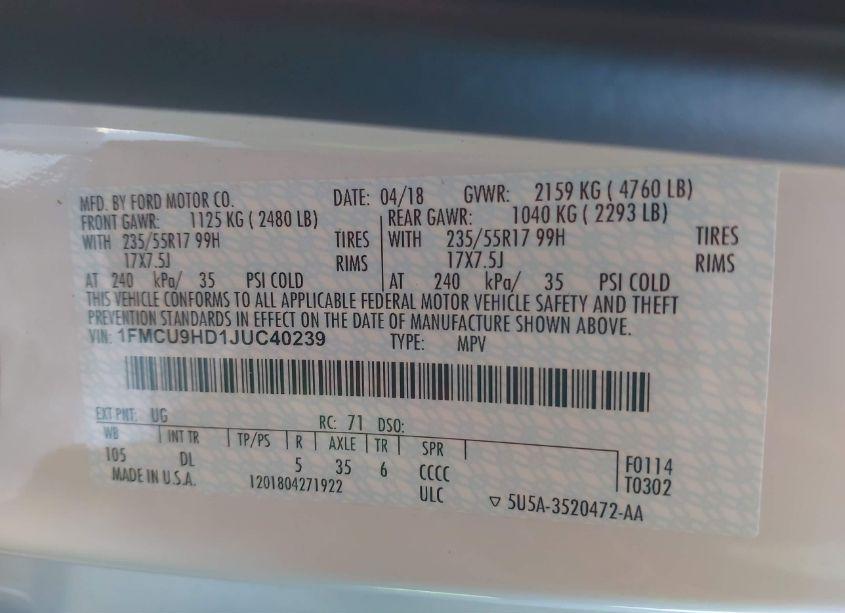 Photo 9 of 2018 Ford Escape SEL (VIN 1FMCU9HD1JUC40239)