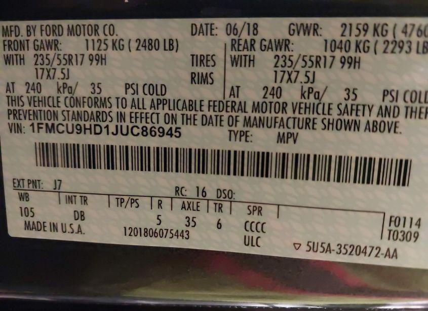 Photo 9 of 2018 Ford Escape SEL (VIN 1FMCU9HD1JUC86945)