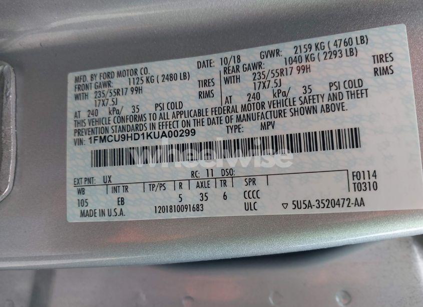 Photo 9 of 2019 Ford Escape SEL (VIN 1FMCU9HD1KUA00299)