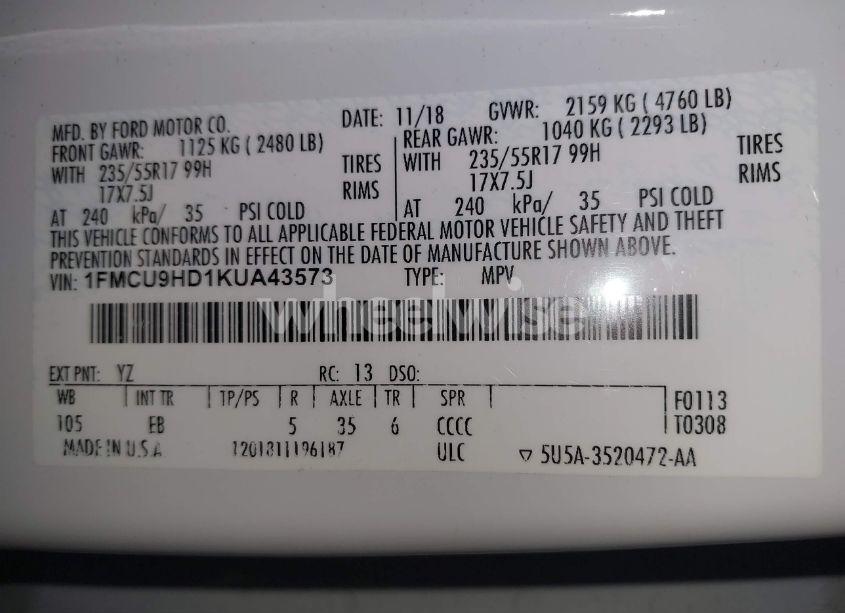 Photo 9 of 2019 Ford Escape SEL (VIN 1FMCU9HD1KUA43573)