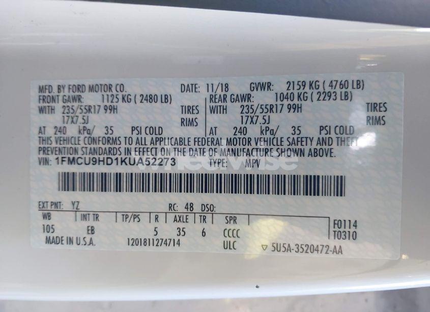 Photo 9 of 2019 Ford Escape SEL (VIN 1FMCU9HD1KUA52273)