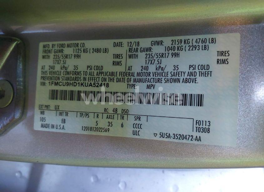 Photo 9 of 2019 Ford Escape SEL (VIN 1FMCU9HD1KUA52418)