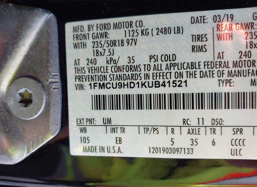 Photo 17 of 2019 Ford Escape SEL (VIN 1FMCU9HD1KUB41521)