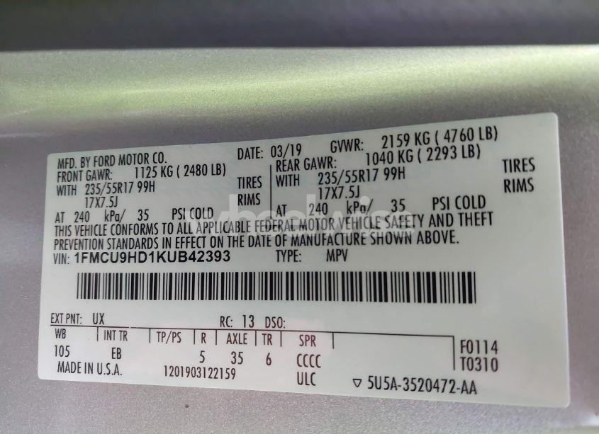 Photo 9 of 2019 Ford Escape SEL (VIN 1FMCU9HD1KUB42393)