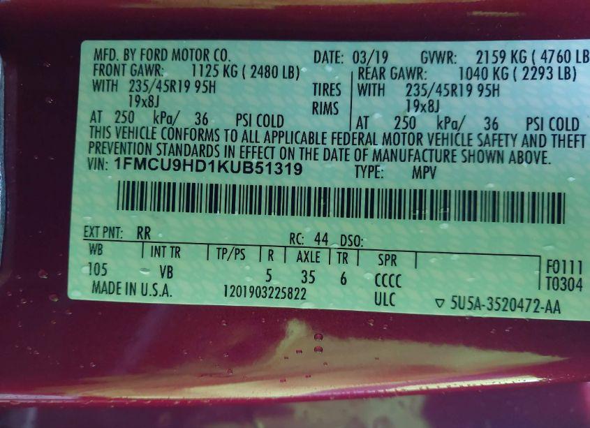 Photo 9 of 2019 Ford Escape SEL (VIN 1FMCU9HD1KUB51319)