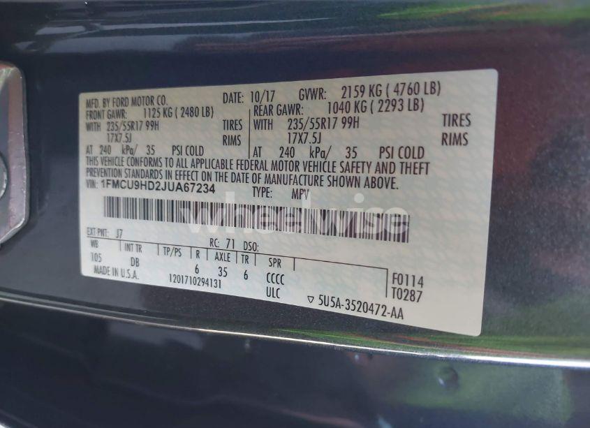 Photo 9 of 2018 Ford Escape SEL (VIN 1FMCU9HD2JUA67234)