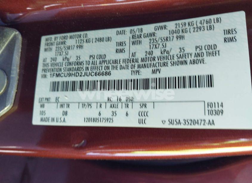 Photo 9 of 2018 Ford Escape SEL (VIN 1FMCU9HD2JUC66686)