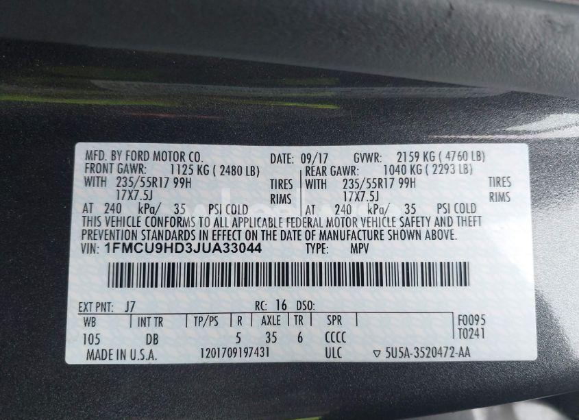 Photo 9 of 2018 Ford Escape SEL (VIN 1FMCU9HD3JUA33044)