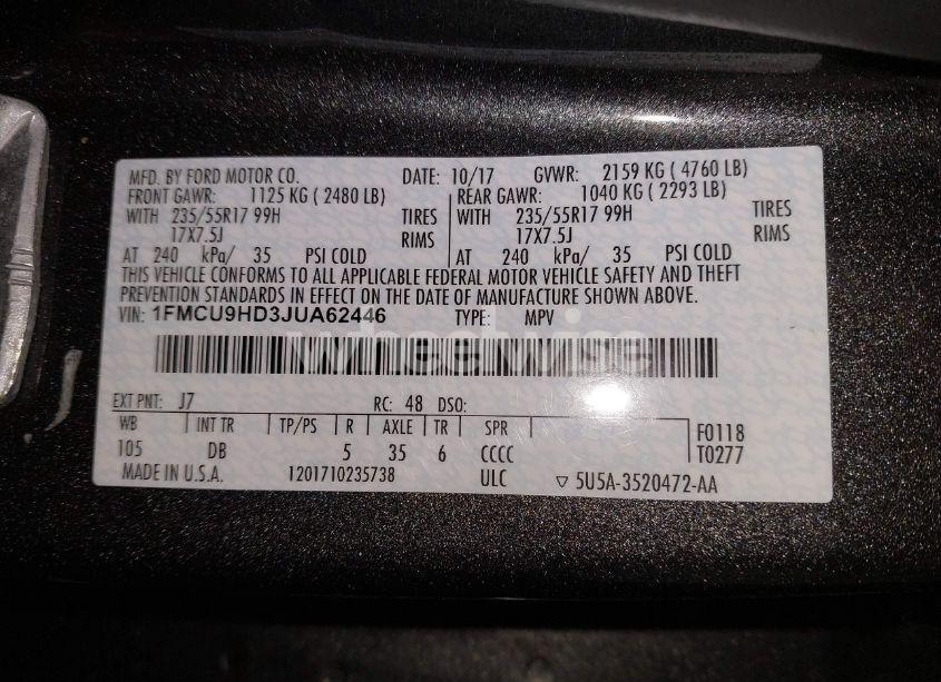 Photo 9 of 2018 Ford Escape SEL (VIN 1FMCU9HD3JUA62446)