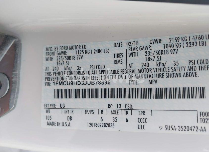 Photo 9 of 2018 Ford Escape SEL (VIN 1FMCU9HD3JUB78696)